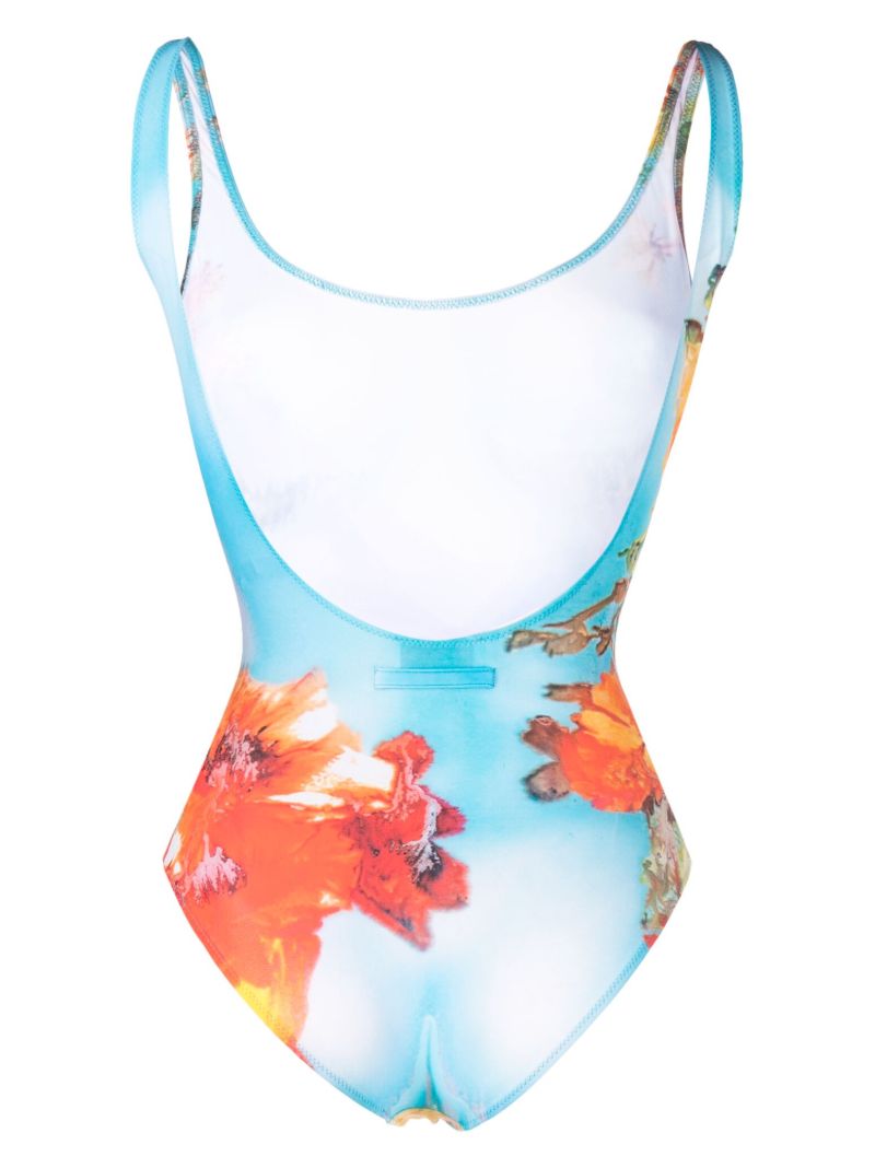 Blue Graphic Print Backless Swimsuit