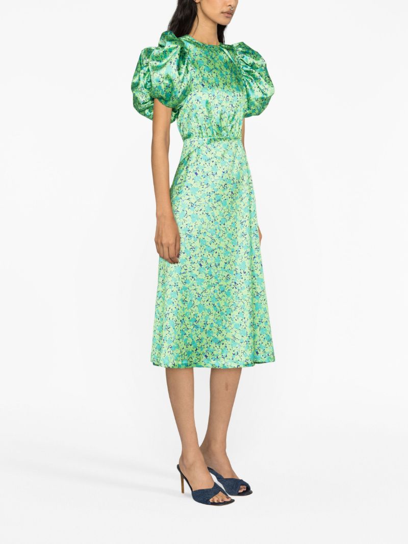 Green Floral-print Puff-sleeve Dress
