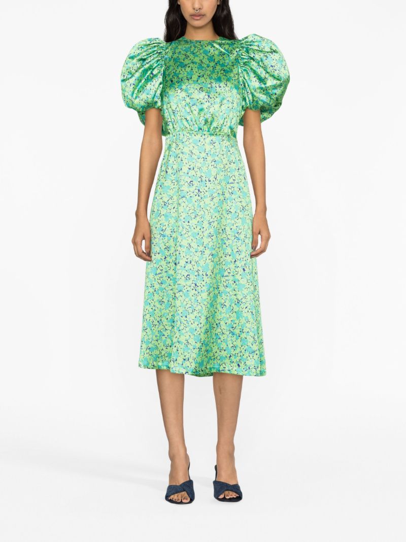 Green Floral-print Puff-sleeve Dress