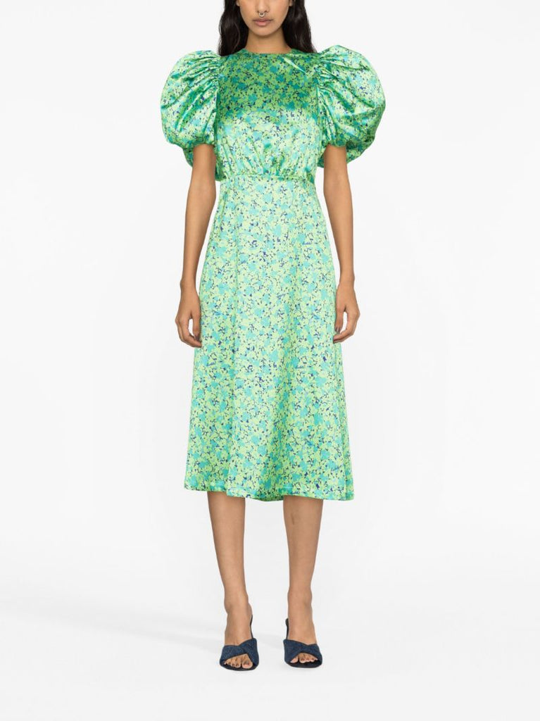 Green Floral-print Puff-sleeve Dress