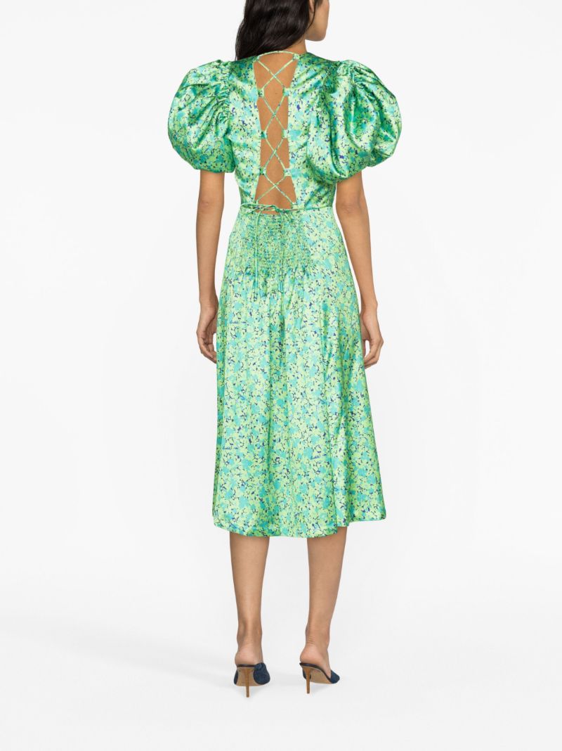 Green Floral-print Puff-sleeve Dress