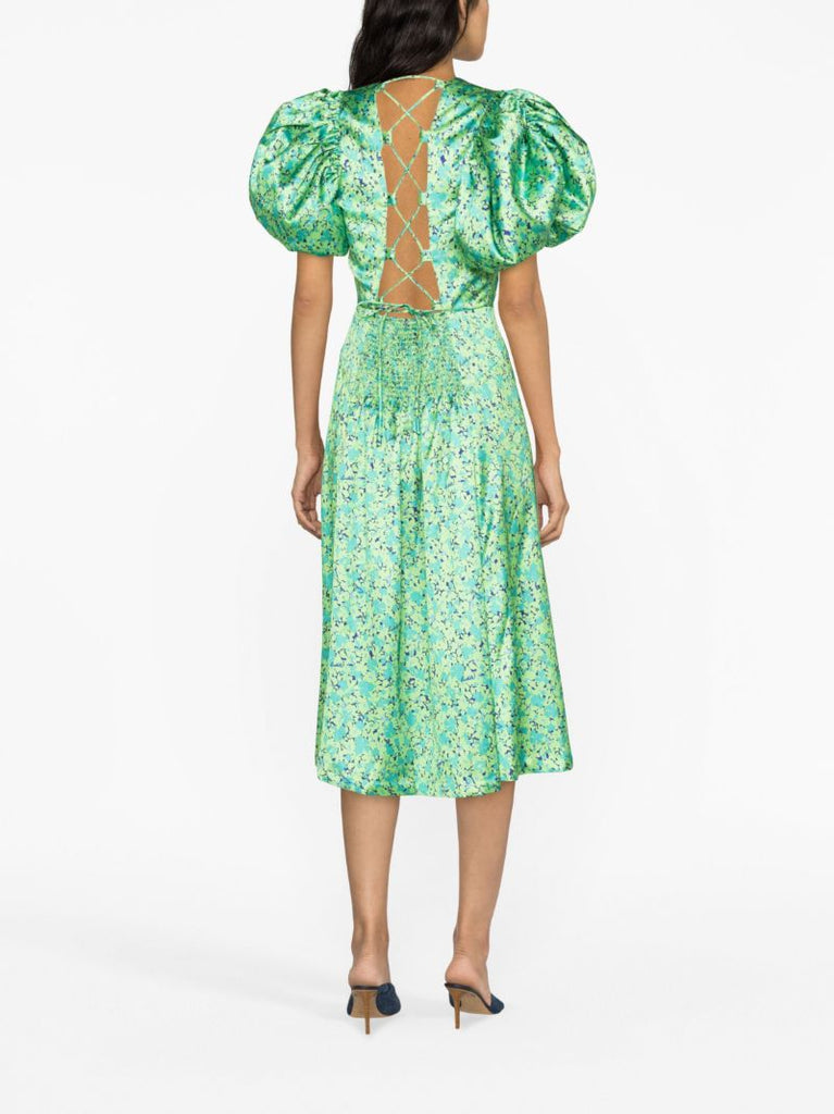 Green Floral-print Puff-sleeve Dress
