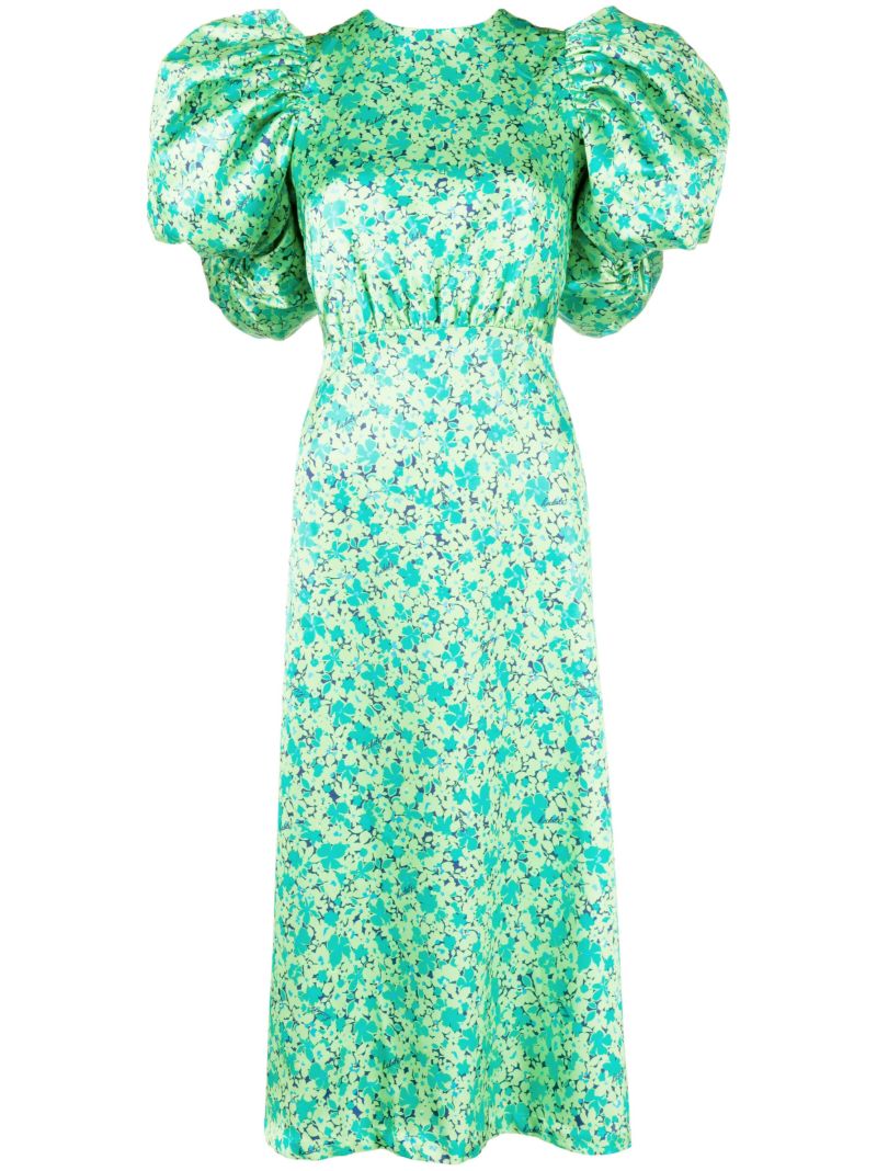 Green Floral-print Puff-sleeve Dress