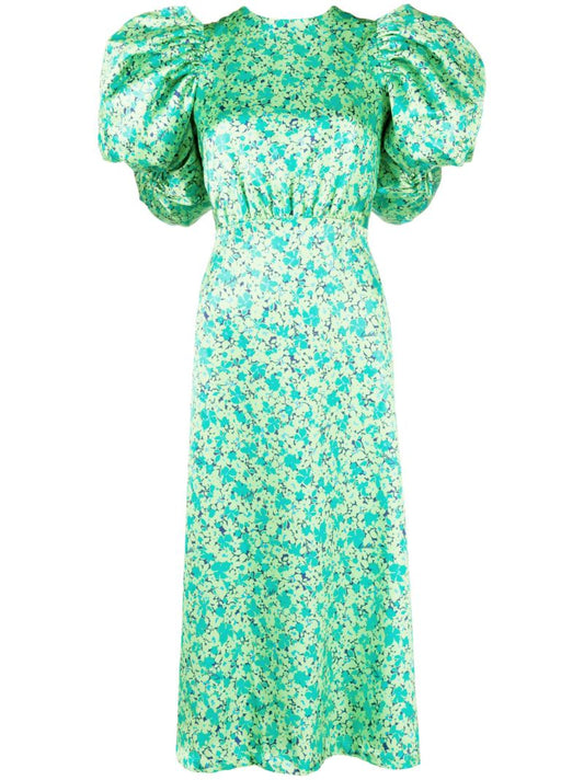 Green Floral-print Puff-sleeve Dress