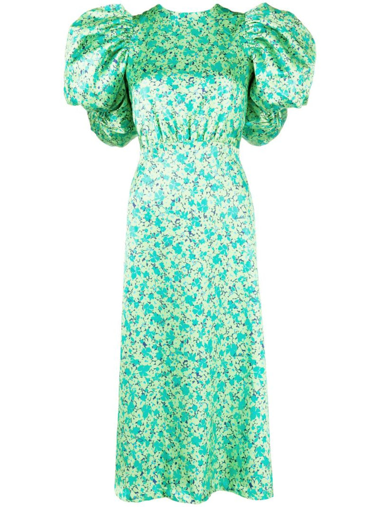 Green Floral-print Puff-sleeve Dress