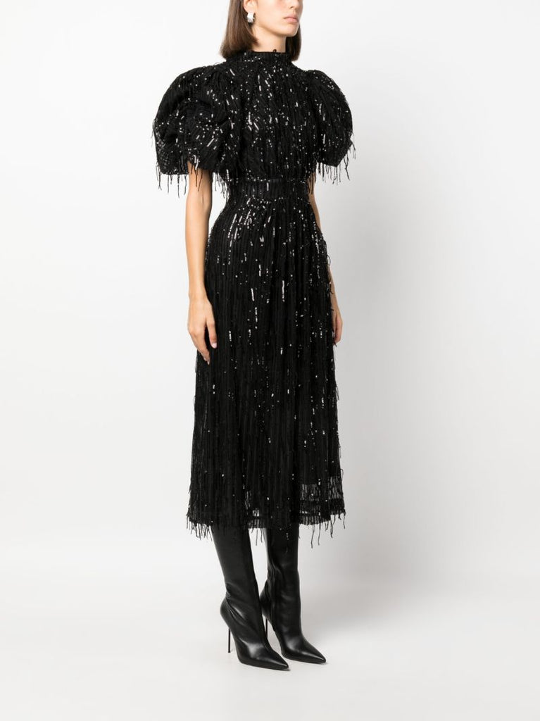 Black Sequin Midi Puff Dress