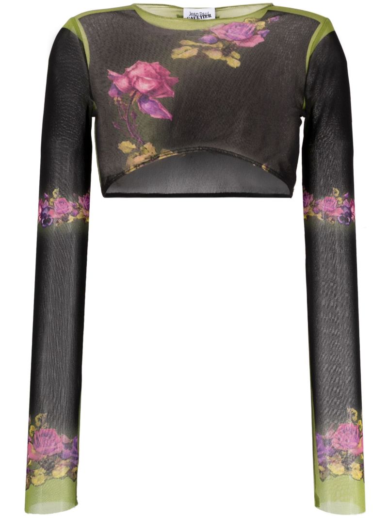 Black Floral Print Cropped Top