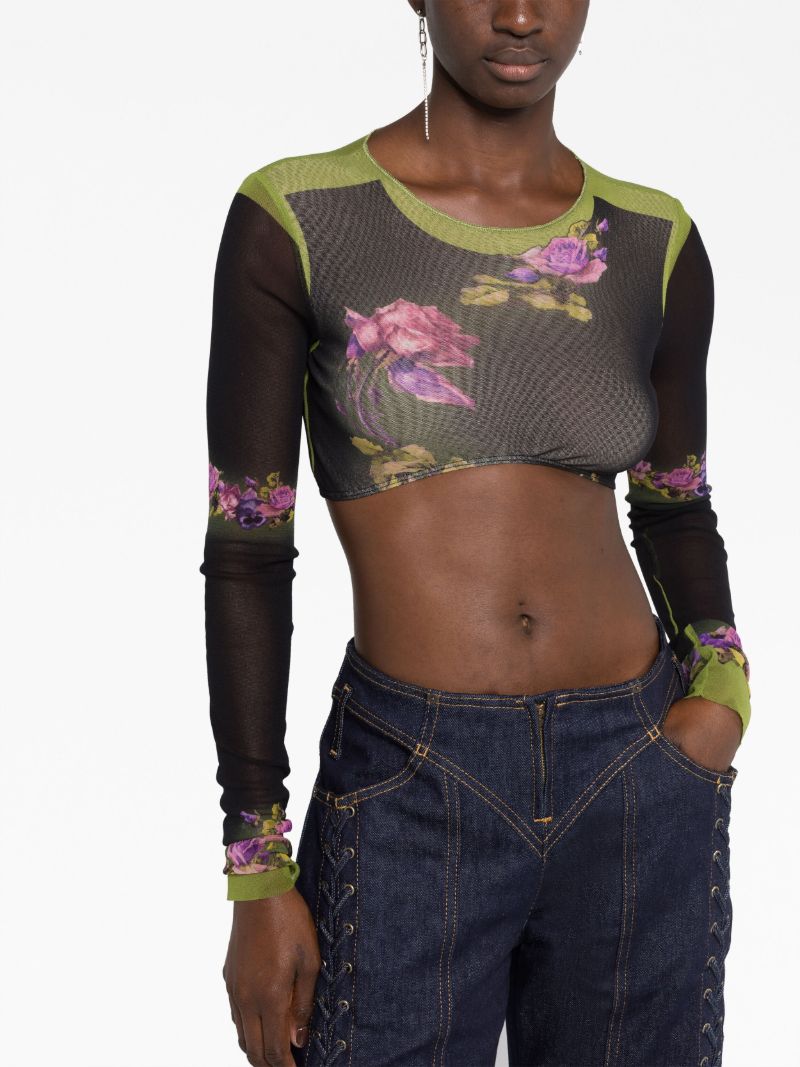 Black Floral Print Cropped Top