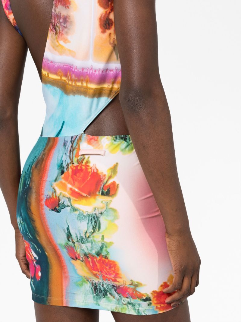 Orange Floral Print Cut-out Dress