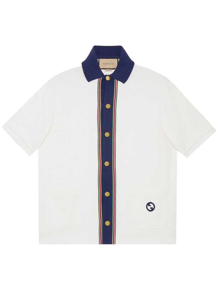 White Web Stripe Cotton Polo Shirt