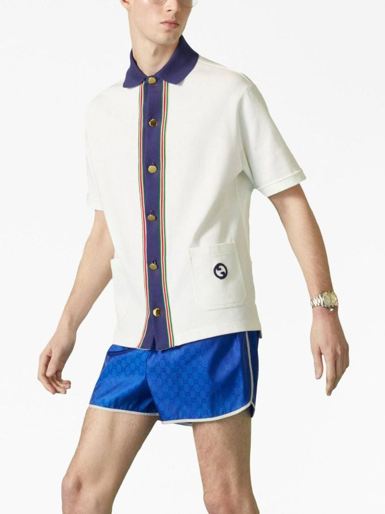 White Web Stripe Cotton Polo Shirt