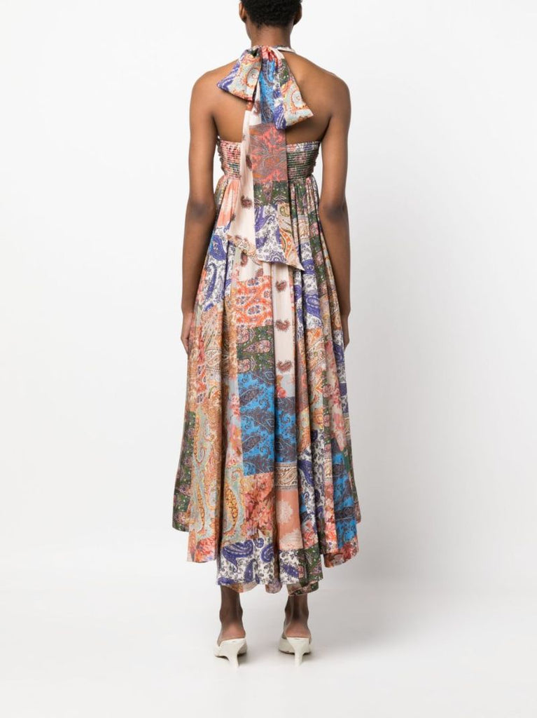 Multicoloured Devi Paisley Print Silk Halterneck Dress