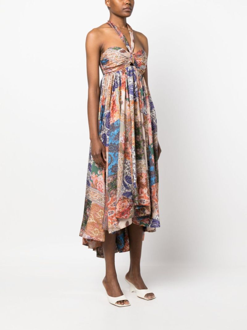 Multicoloured Devi Paisley Print Silk Halterneck Dress