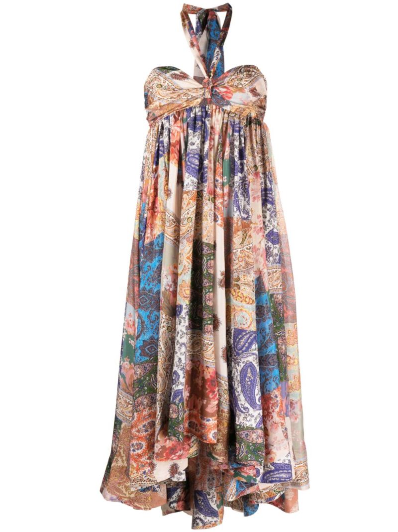 Multicoloured Devi Paisley Print Silk Halterneck Dress