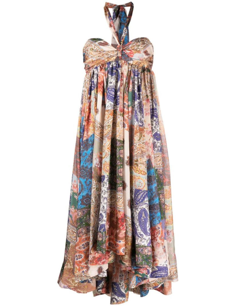 Multicoloured Devi Paisley Print Silk Halterneck Dress