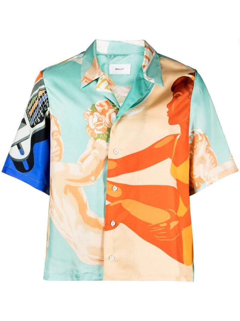 Orange Short-sleeve Printed Silk Shirt
