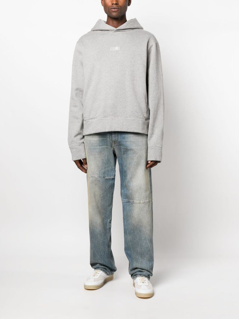 Grey Logo Embroidered Cotton Hoodie