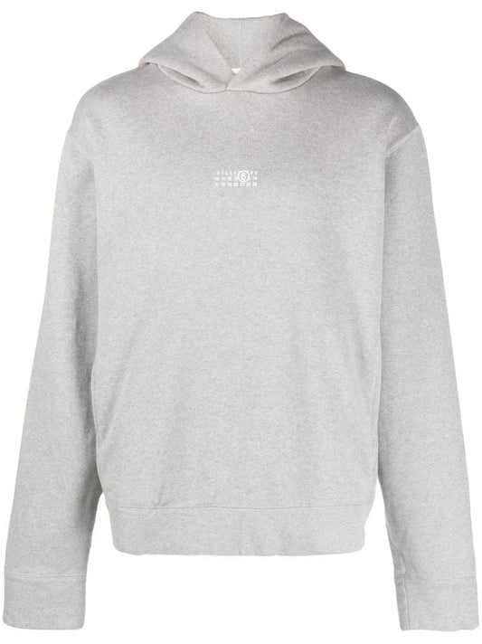 Grey Logo Embroidered Cotton Hoodie