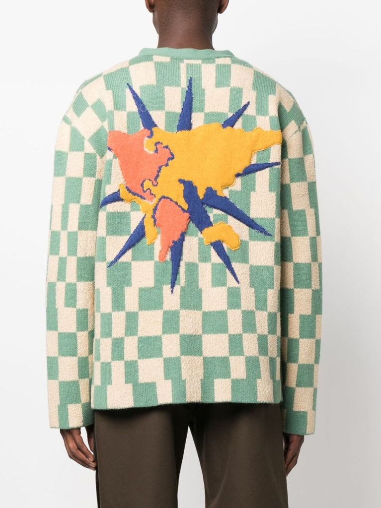 Green Checkerboard Knitted Cardigan