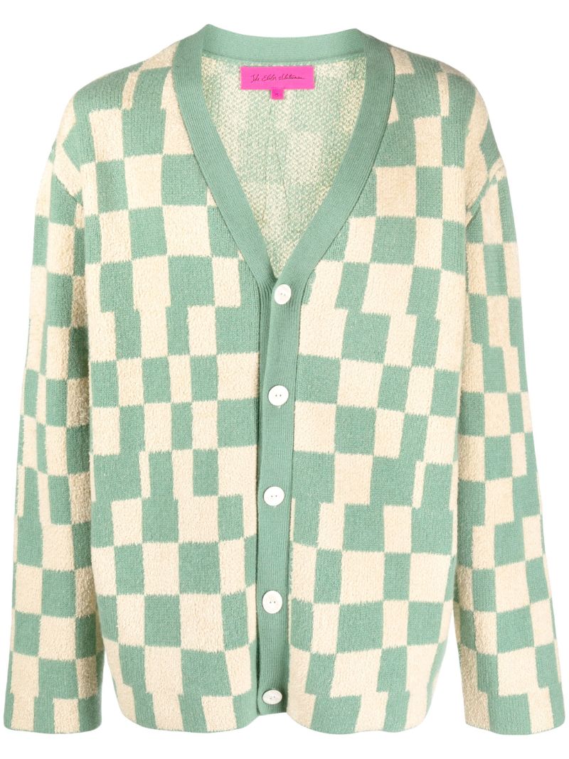 Green Checkerboard Knitted Cardigan
