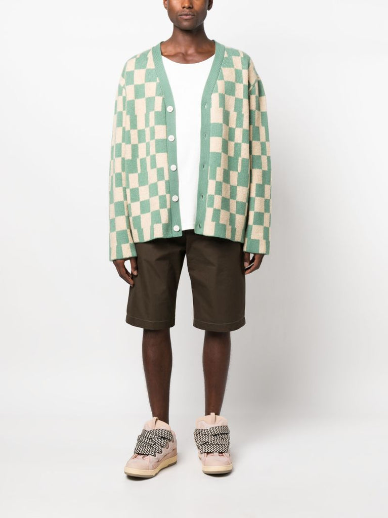 Green Checkerboard Knitted Cardigan