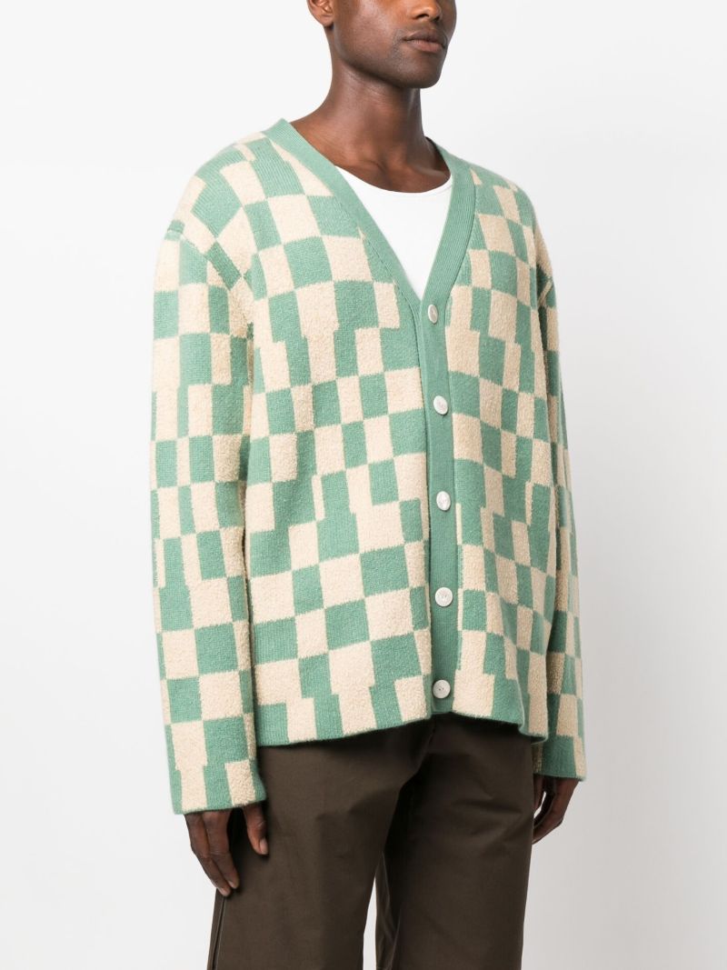 Green Checkerboard Knitted Cardigan