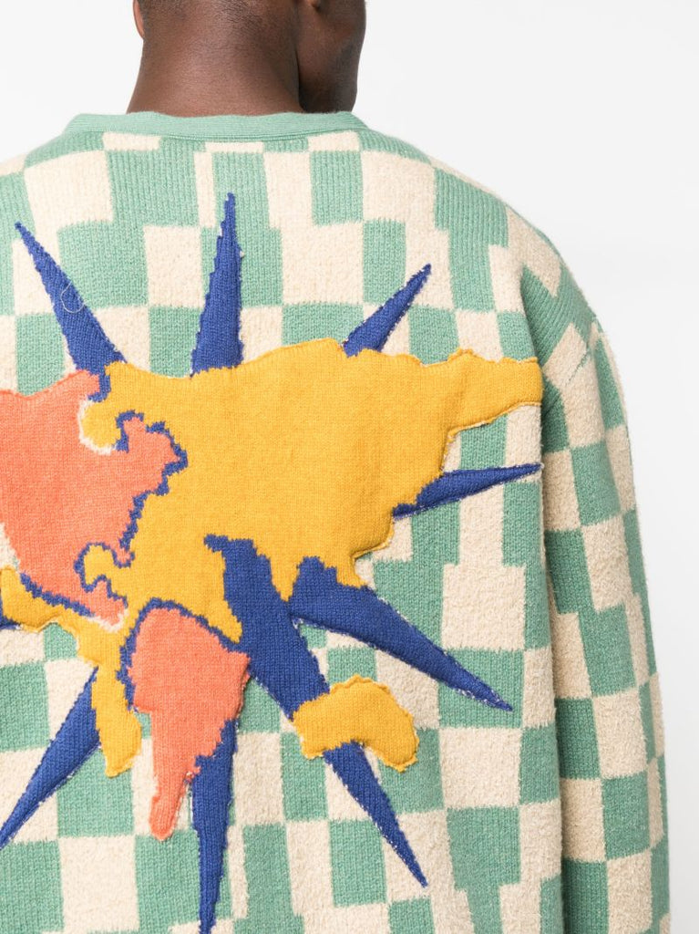 Green Checkerboard Knitted Cardigan