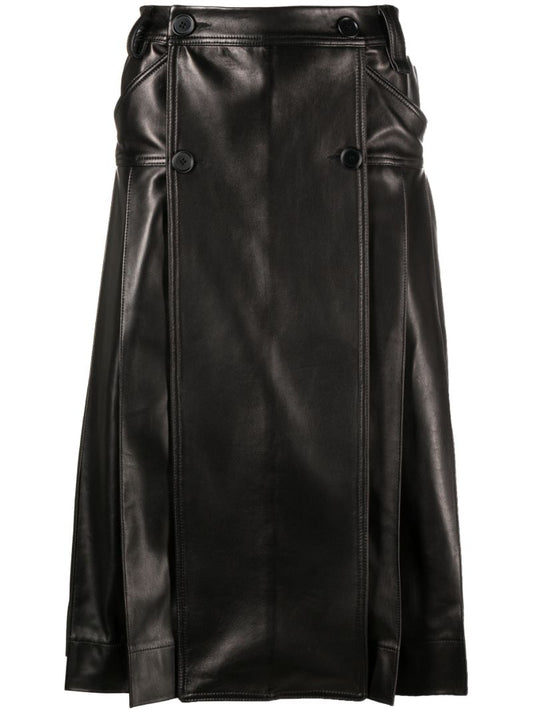 Black Pleated Leather Midi Kilt