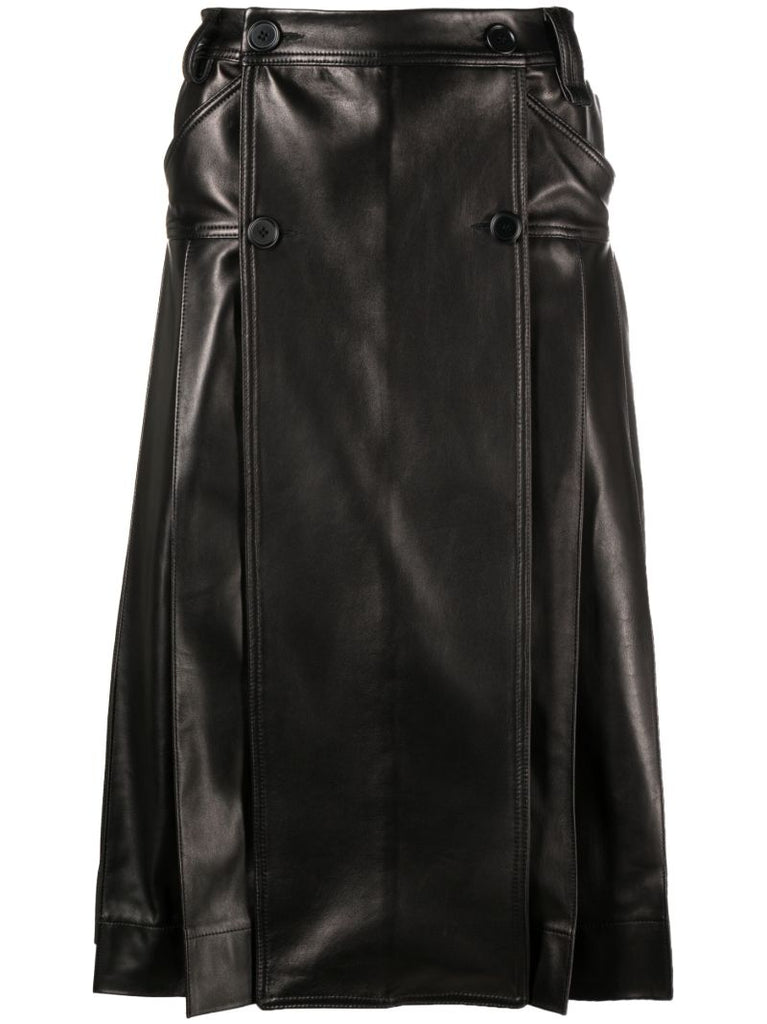 Black Pleated Leather Midi Kilt