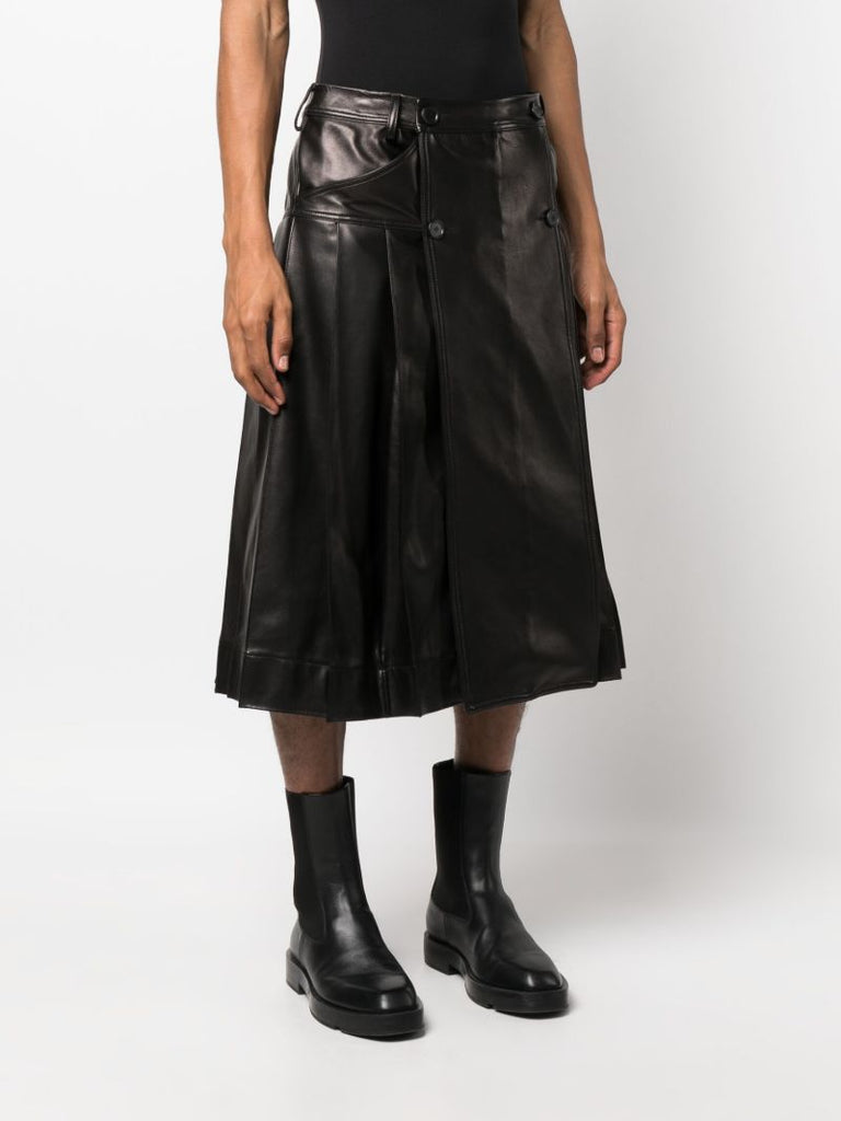 Black Pleated Leather Midi Kilt