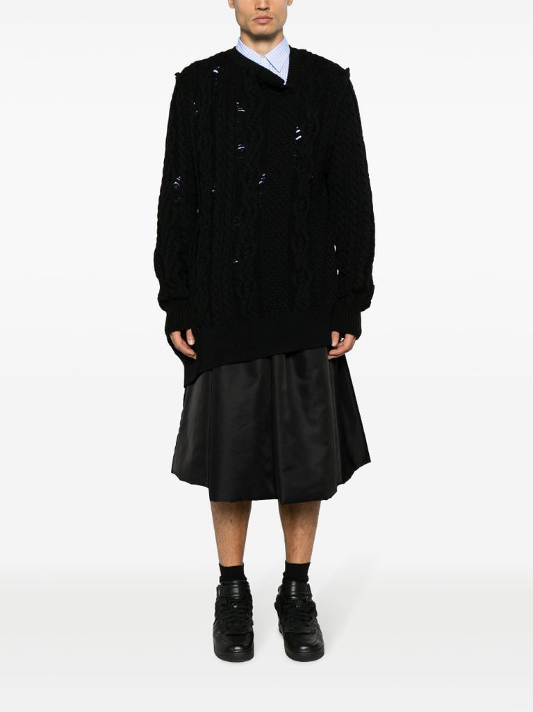 Black Distressed Cable-knit Sweater