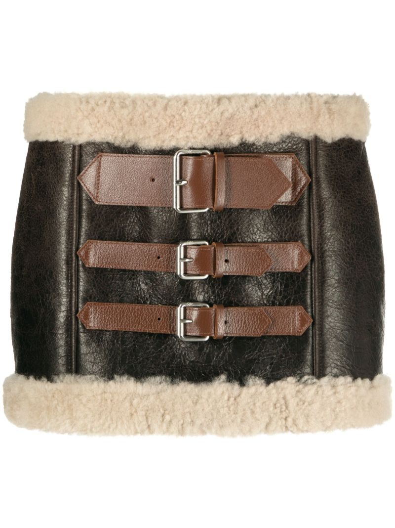 Brown Shearling-trim Leather Mini Skirt