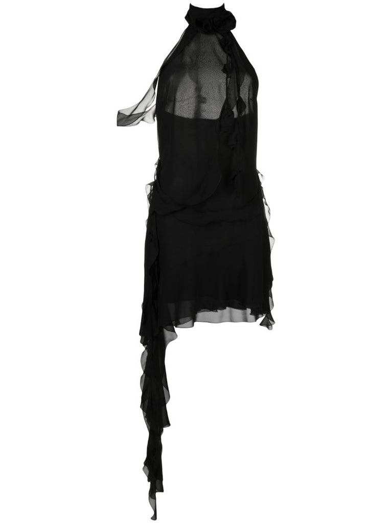 Black Rose-appliquÃ© Silk Mini Dress