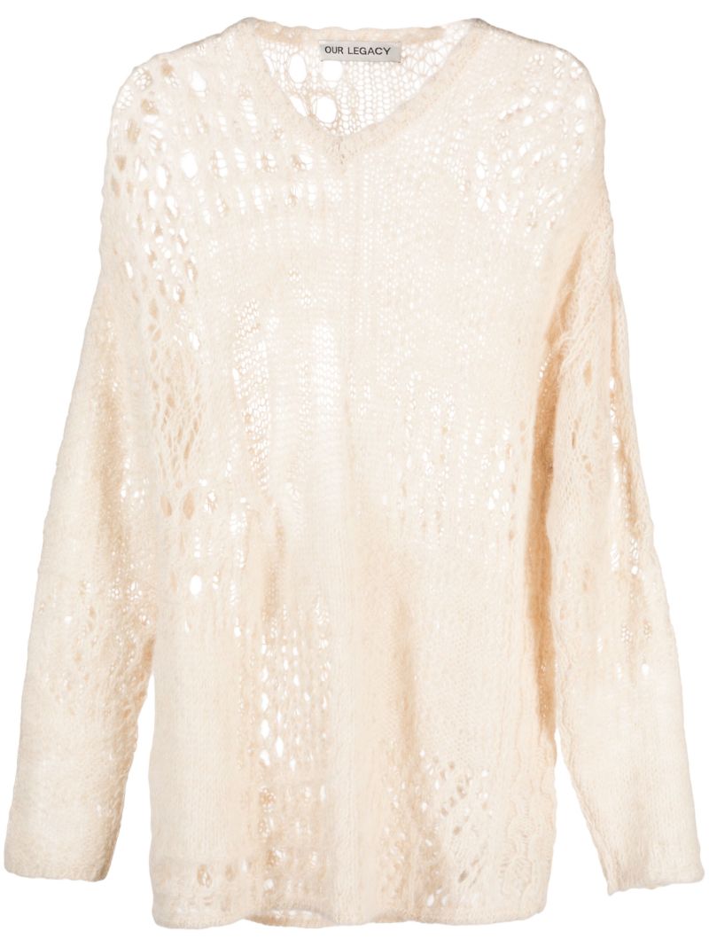 White V-neck Crochet-knit Sweater