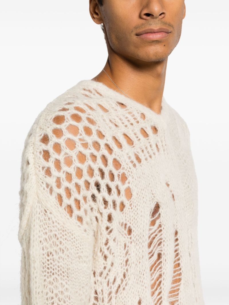 White V-neck Crochet-knit Sweater
