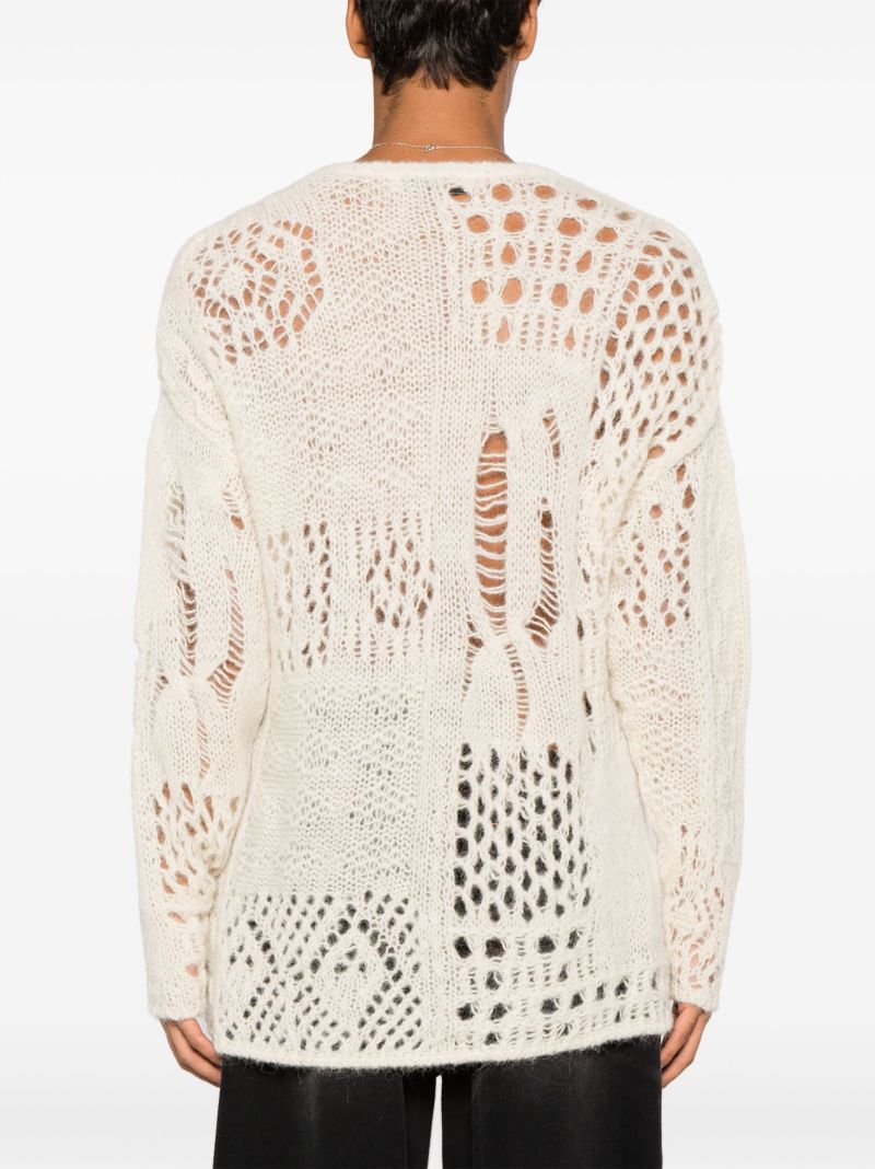 White V-neck Crochet-knit Sweater