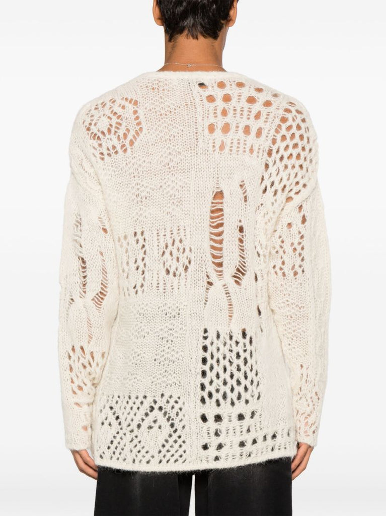 White V-neck Crochet-knit Sweater