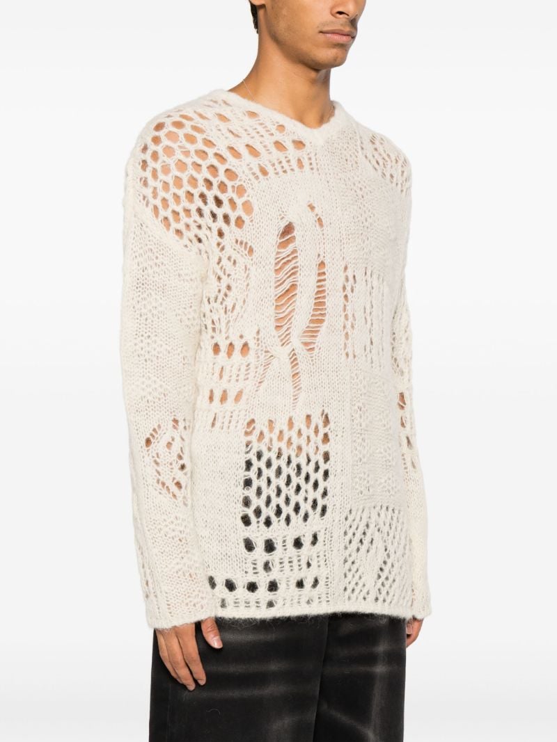 White V-neck Crochet-knit Sweater