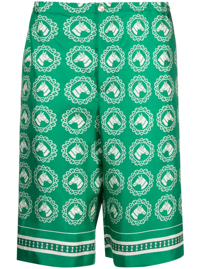 Green Horse Motif Silk Shorts