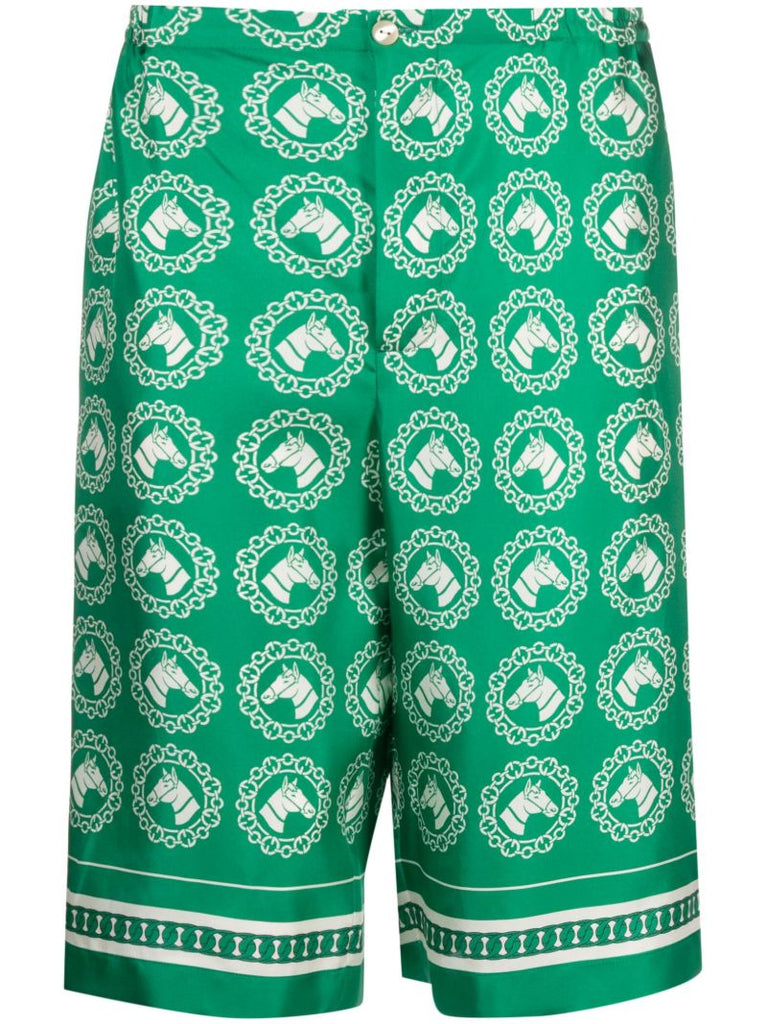 Green Horse Motif Silk Shorts
