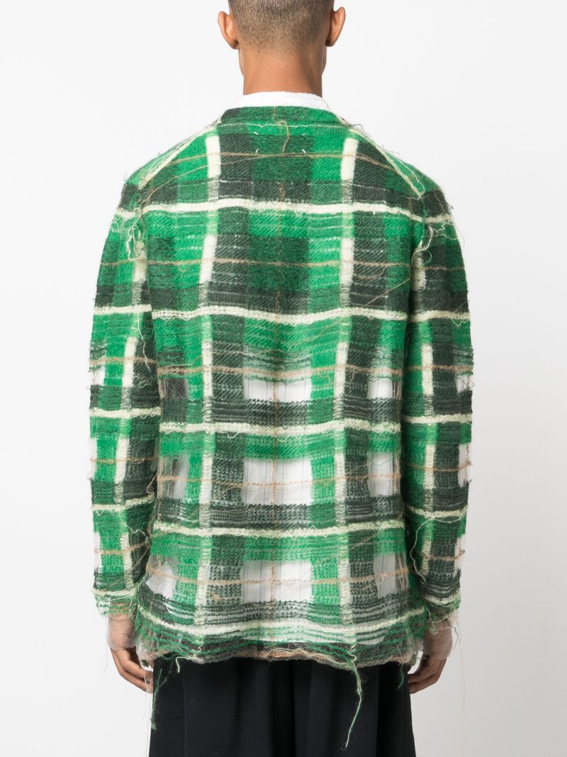 Green Distressed Plaid-print Cardigan