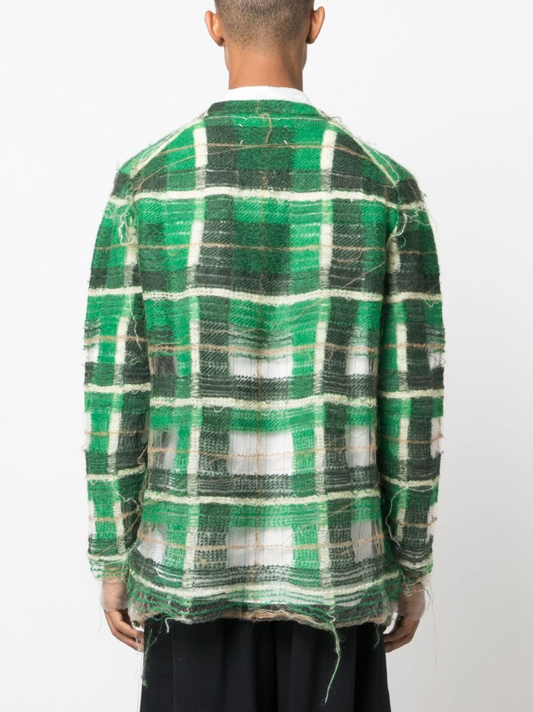 Green Distressed Plaid-print Cardigan
