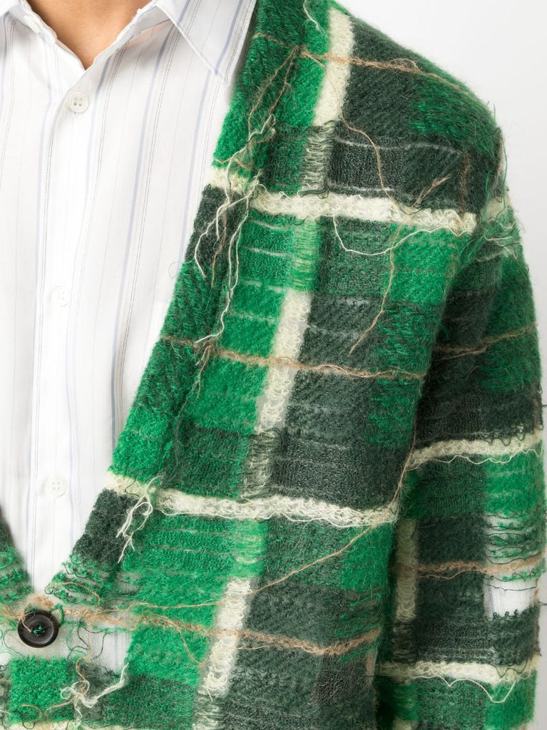 Green Distressed Plaid-print Cardigan