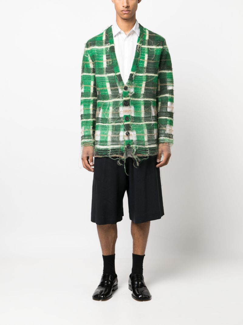 Green Distressed Plaid-print Cardigan