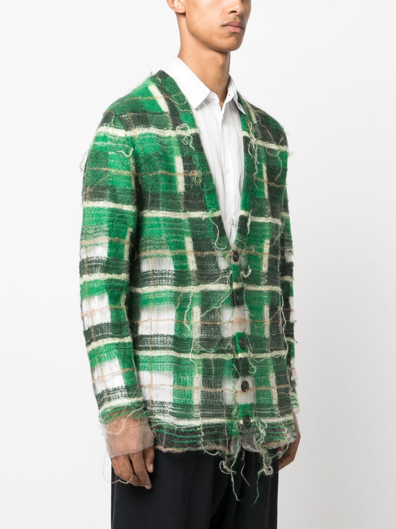 Green Distressed Plaid-print Cardigan