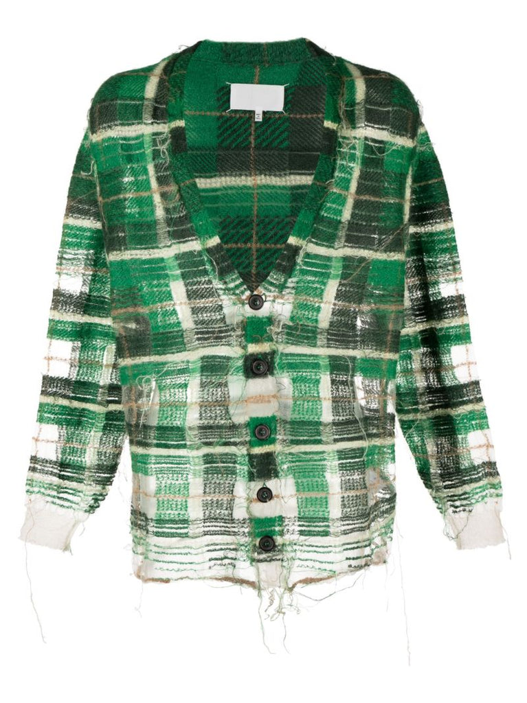 Green Distressed Plaid-print Cardigan