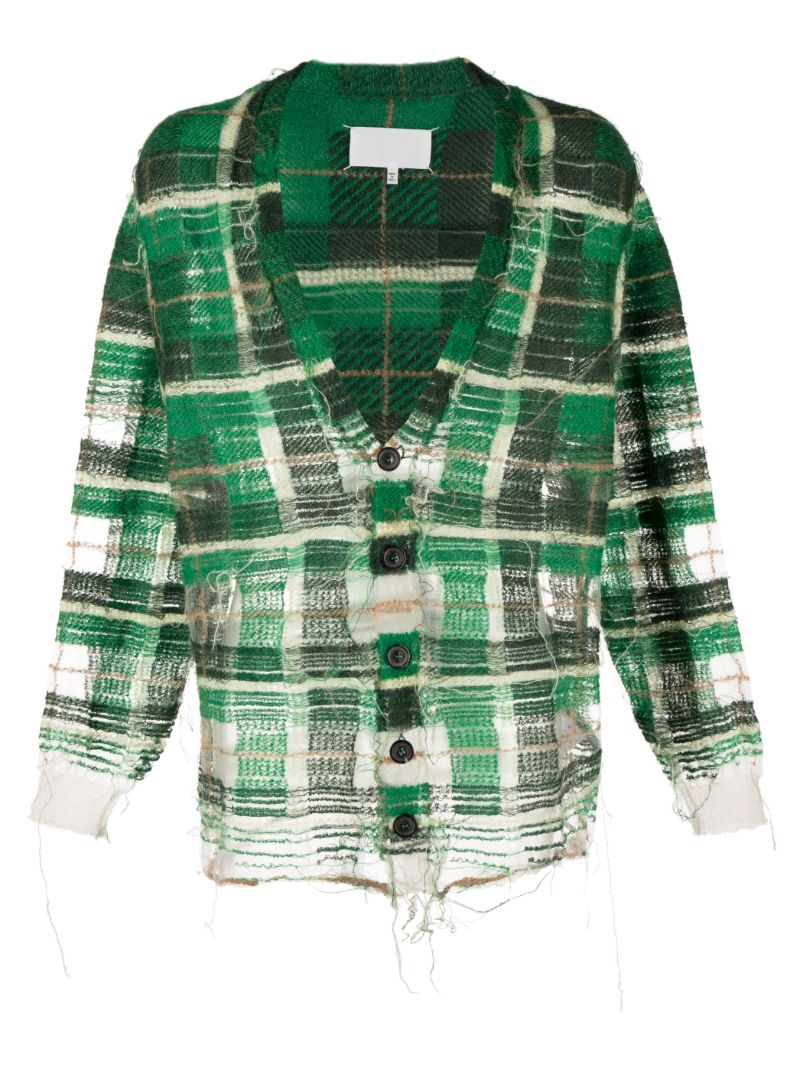 Green Distressed Plaid-print Cardigan