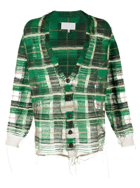 Green Distressed Plaid-print Cardigan
