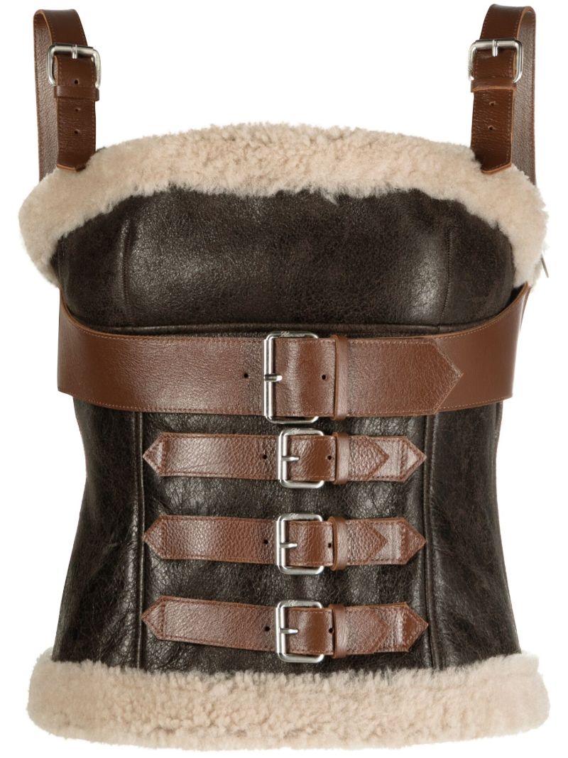 Brown Buckled Shearling-trim Leather Top