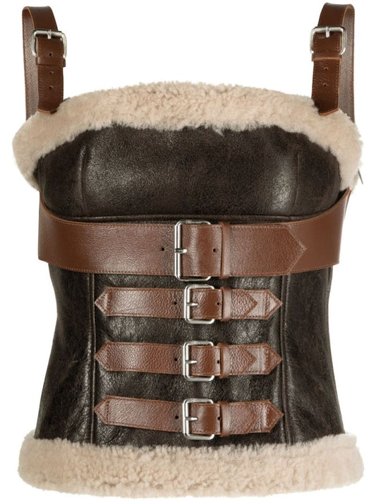 Brown Buckled Shearling-trim Leather Top